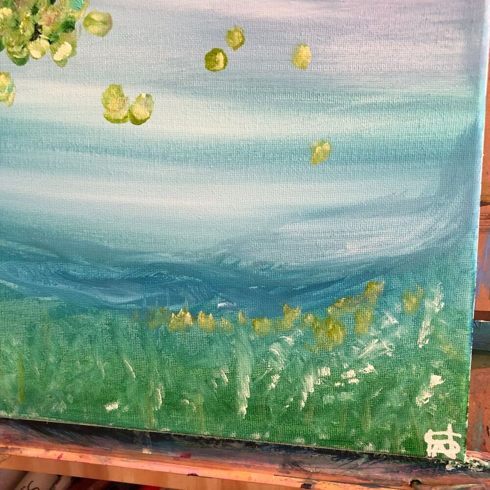 WS original pond painting 14X11 canvas acrylic impressionism modern fine art - Picture 4 of 10
